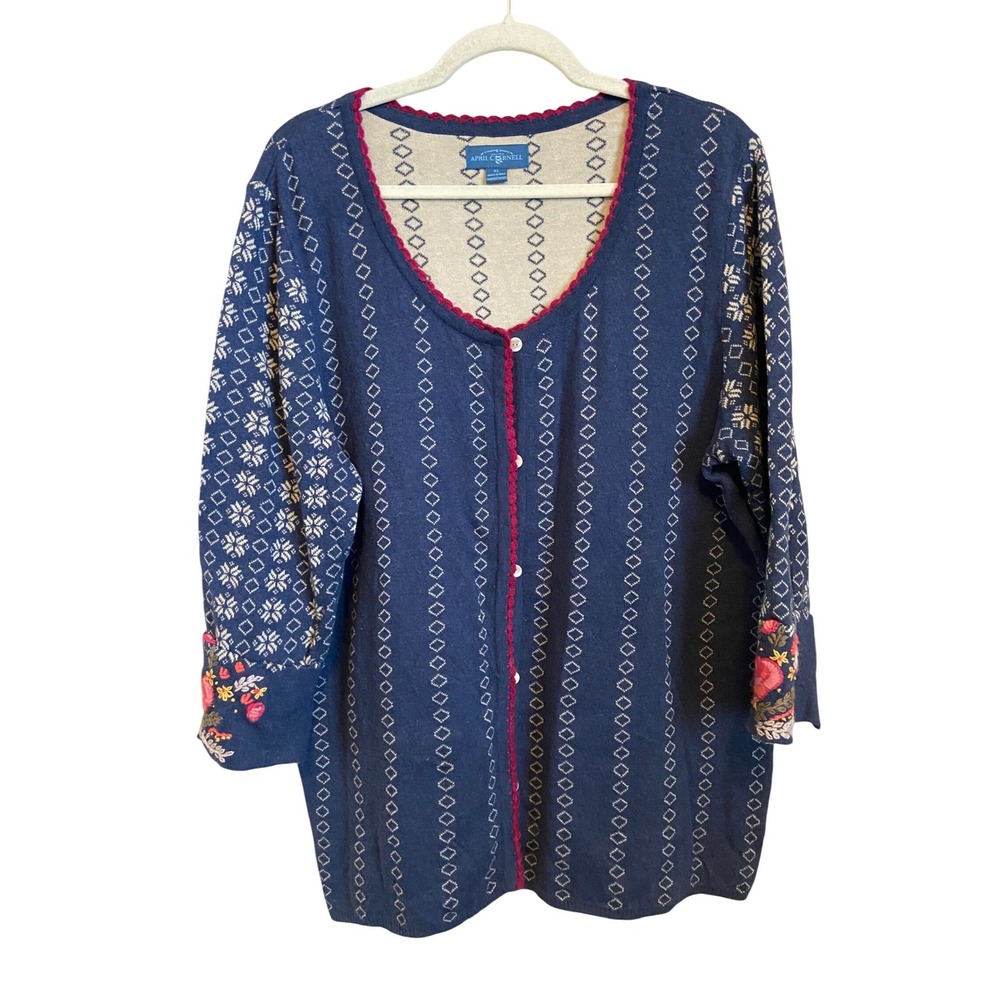 April Cornell Navy Blue Floral Embroidered Cotton Cardigan‎ Sweater XL